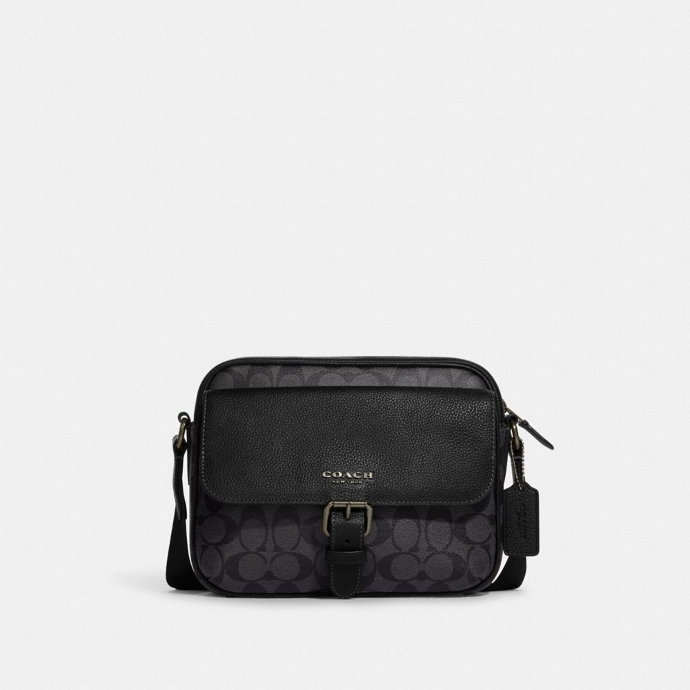 COACH®,HUDSON CROSSBODY BAG IN SIGNATURE CANVAS,Signature Canvas,Medium,Gunmetal/Charcoal/Black,Front View image number 0