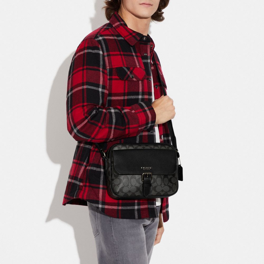 COACH®,Hudson Crossbody Bag In Signature Canvas,Canvas,Leather,Crossbody,PVC,Logo,Color Block,Piping,Casual,,Detail View