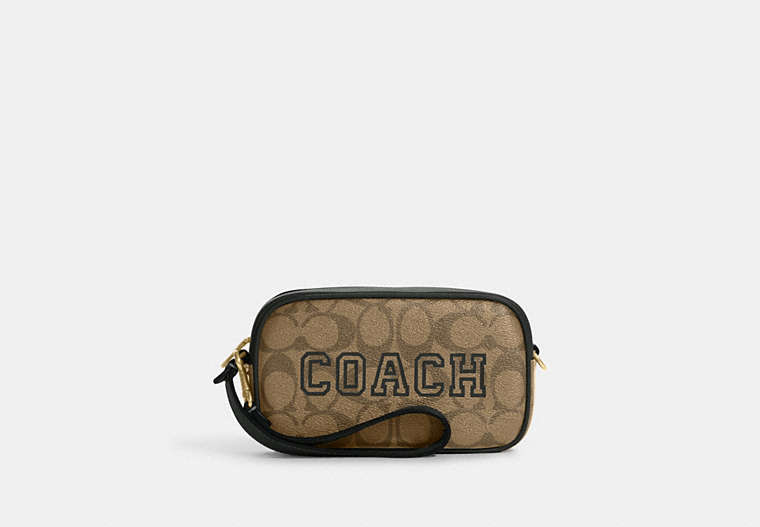 COACH®,JAMIE WRISTLET IN SIGNATURE CANVAS WITH VARSITY MOTIF,Signature Coated Canvas,Small,Gold/Khaki/Amazon Green,Front View