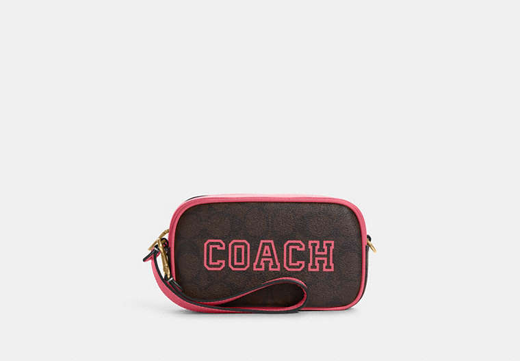 COACH®,JAMIE WRISTLET IN SIGNATURE CANVAS WITH VARSITY MOTIF,Signature Coated Canvas,Small,Im/Brown/Watermelon,Front View