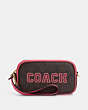 COACH®,JAMIE WRISTLET IN SIGNATURE CANVAS WITH VARSITY MOTIF,Signature Coated Canvas,Small,Im/Brown/Watermelon,Front View