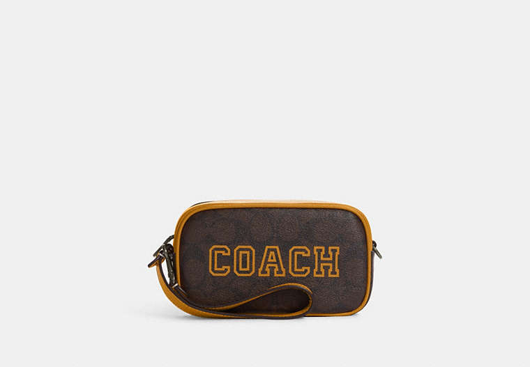 COACH®,JAMIE WRISTLET IN SIGNATURE CANVAS WITH VARSITY MOTIF,Signature Coated Canvas,Small,Black Antique Nickel/Brown/Buttercup,Front View