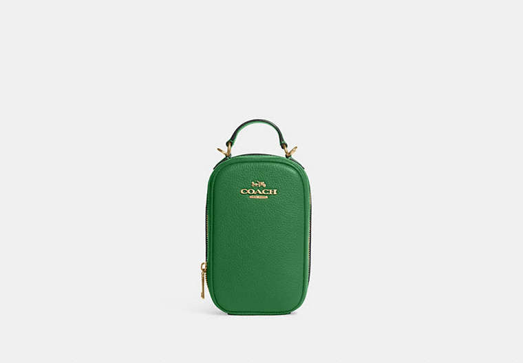 COACH®,EVA PHONE CROSSBODY,Pebbled Leather,Mini,Gold/Kelly Green,Front View