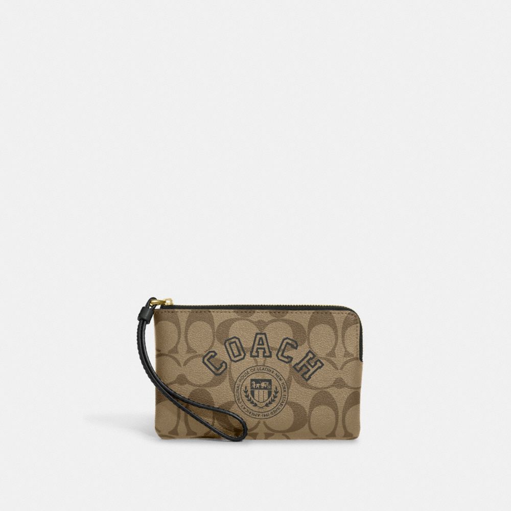 COACH®,CORNER ZIP WRISTLET IN SIGNATURE CANVAS WITH VARSITY MOTIF,Signature Canvas,Mini,Gold/Khaki/Amazon Green,Front View