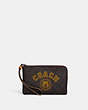 COACH®,CORNER ZIP WRISTLET IN SIGNATURE CANVAS WITH VARSITY MOTIF,Signature Coated Canvas,Mini,Black Antique Nickel/Brown/Buttercup,Front View