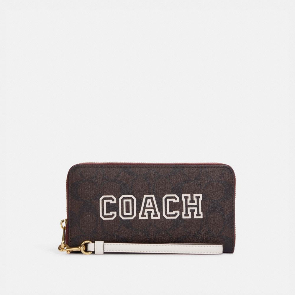 COACH®,LONG ZIP AROUND WALLET IN SIGNATURE CANVAS WITH VARSITY MOTIF,Signature Canvas,Mini,Im/Brown/Chalk Multi,Front View