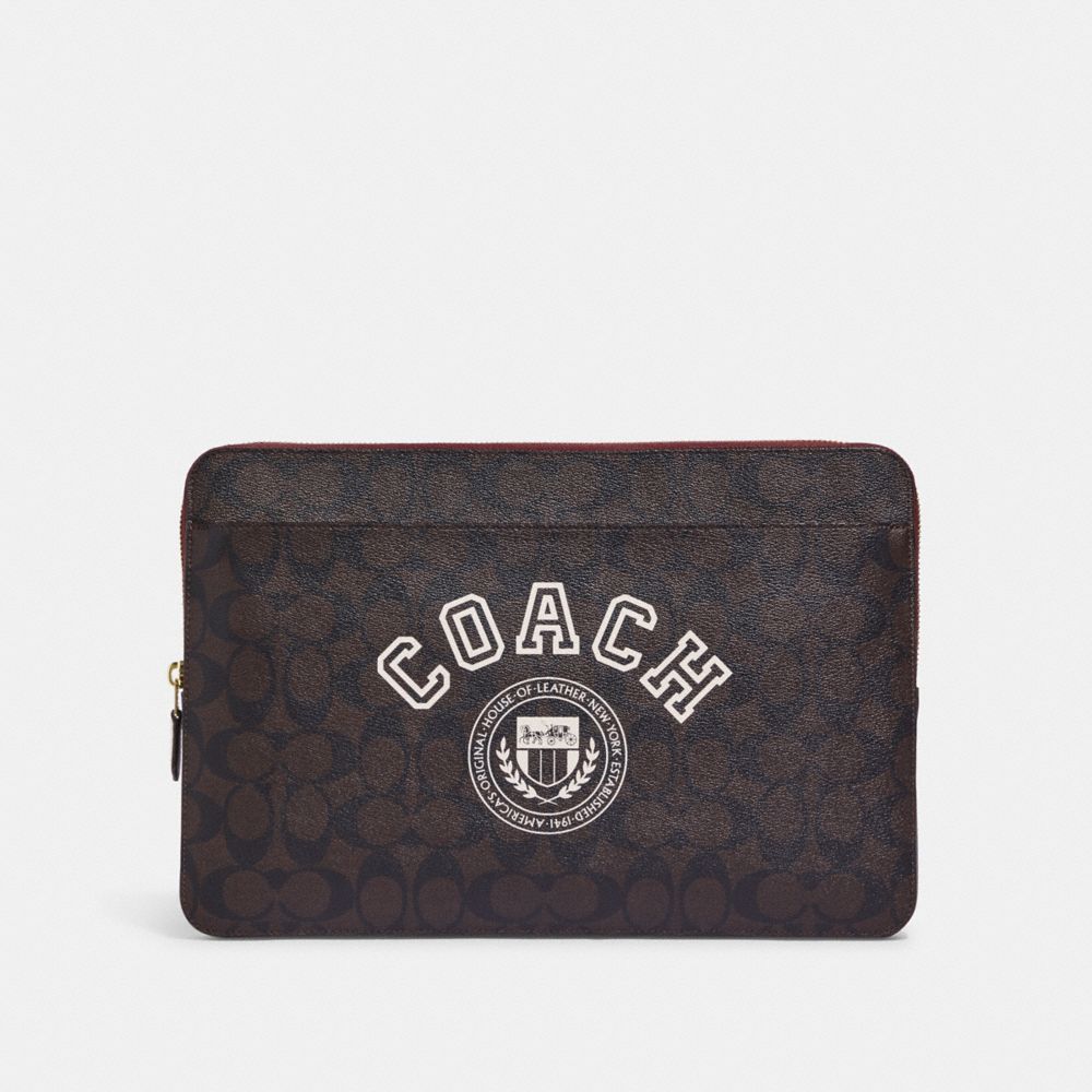 COACH®,LAPTOP SLEEVE IN SIGNATURE CANVAS WITH COACH VARSITY,X-Large,Im/Brown/Chalk Multi,Front View
