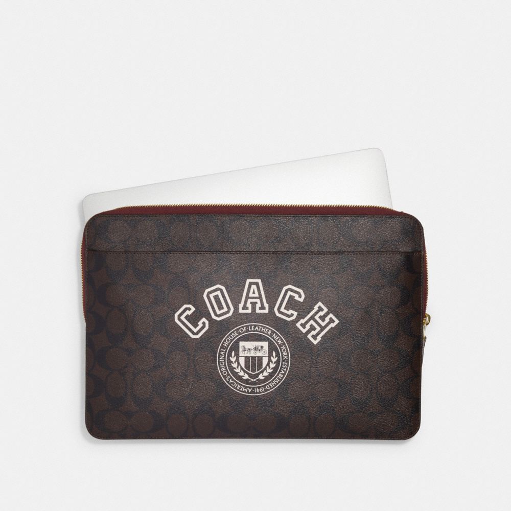 COACH®,LAPTOP SLEEVE IN SIGNATURE CANVAS WITH COACH VARSITY,X-Large,Im/Brown/Chalk Multi,Inside View,Top View