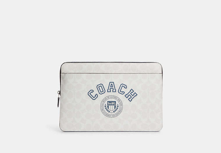 COACH®,LAPTOP SLEEVE IN SIGNATURE CANVAS WITH COACH VARSITY,Signature Coated Canvas,X-Large,Silver/Chalk/Indigo Multi,Front View