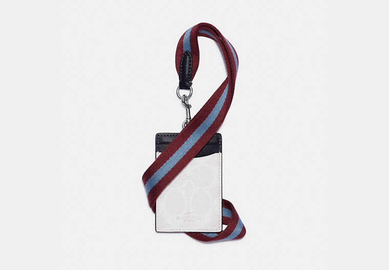 COACH®,ID LANYARD IN BLOCKED SIGNATURE CANVAS,Signature Coated Canvas,Mini,Silver/Chalk/Midnight Navy Multi,Front View