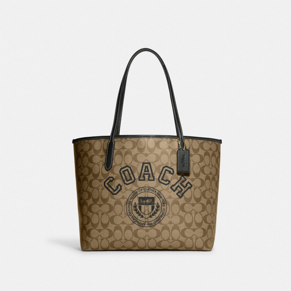 COACH®,CITY TOTE BAG IN SIGNATURE CANVAS WITH VARSITY MOTIF,Large,Gold/Khaki/Amazon Green,Front View