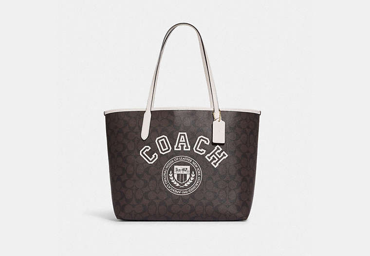 COACH®,CITY TOTE IN SIGNATURE CANVAS WITH VARSITY MOTIF,Signature Coated Canvas,Large,Im/Brown/Chalk Multi,Front View