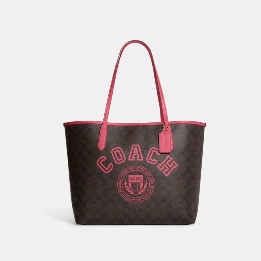 COACH®,CITY TOTE BAG IN SIGNATURE CANVAS WITH VARSITY MOTIF,Large,Im/Brown/Watermelon,Front View