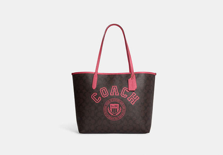 COACH®,CITY TOTE IN SIGNATURE CANVAS WITH VARSITY MOTIF,Signature Coated Canvas,Large,Im/Brown/Watermelon,Front View