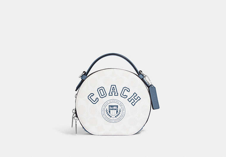 COACH®,CANTEEN CROSSBODY BAG IN SIGNATURE CANVAS WITH VARSITY MOTIF,Small,Silver/Chalk/Indigo,Front View