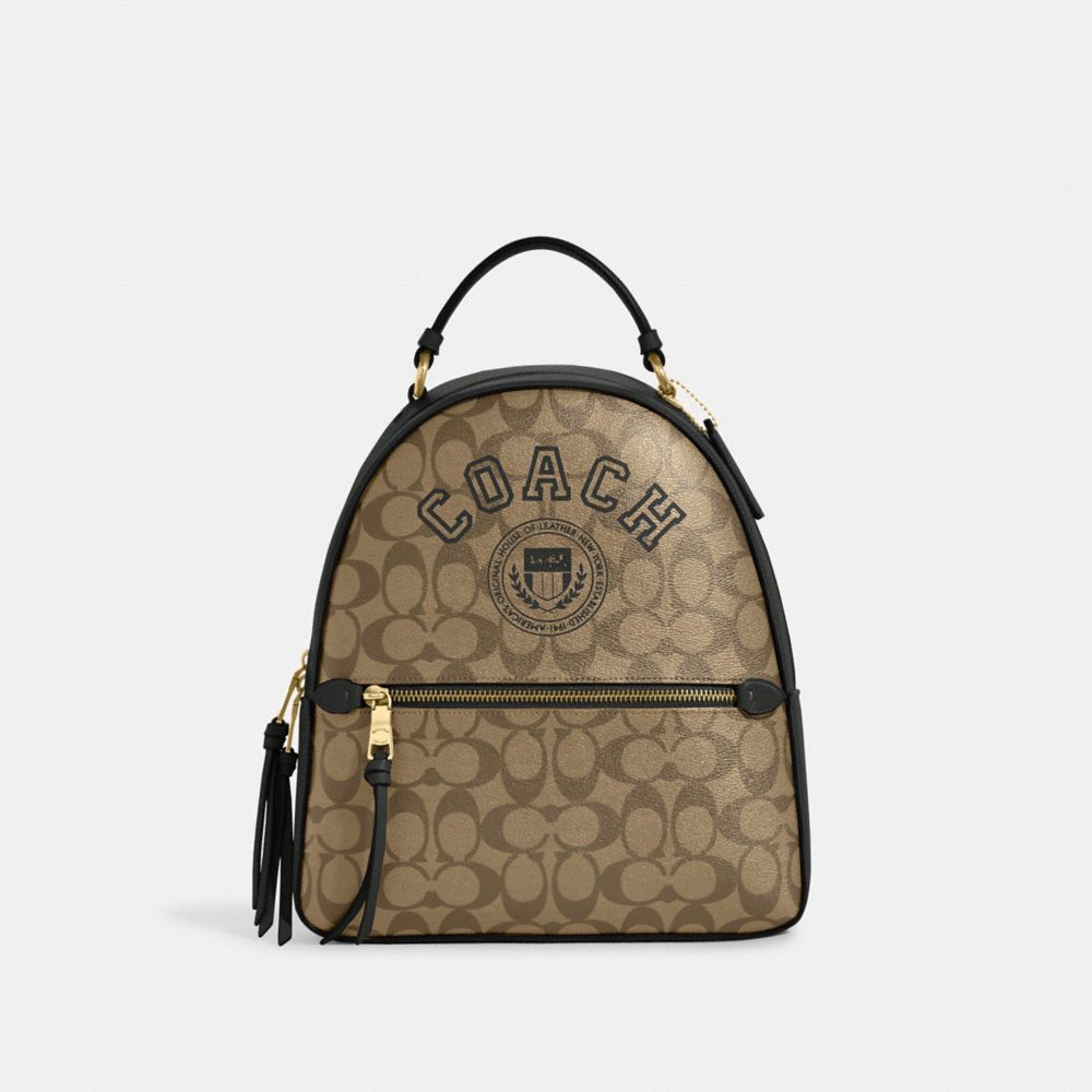 COACH®,JORDYN BACKPACK IN SIGNATURE CANVAS WITH VARSITY MOTIF,Signature Canvas,Large,Gold/Khaki/Amazon Green,Front View