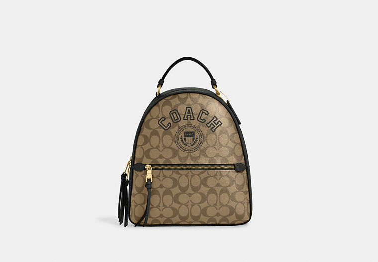 COACH®,JORDYN BACKPACK IN SIGNATURE CANVAS WITH VARSITY MOTIF,Signature Coated Canvas,Large,Gold/Khaki/Amazon Green,Front View