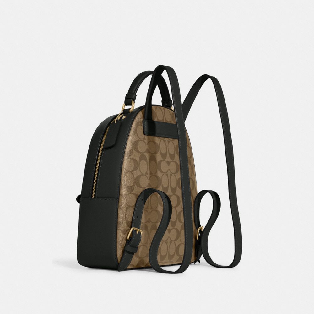 COACH®,JORDYN BACKPACK IN SIGNATURE CANVAS WITH VARSITY MOTIF,Signature Canvas,Large,Gold/Khaki/Amazon Green,Angle View