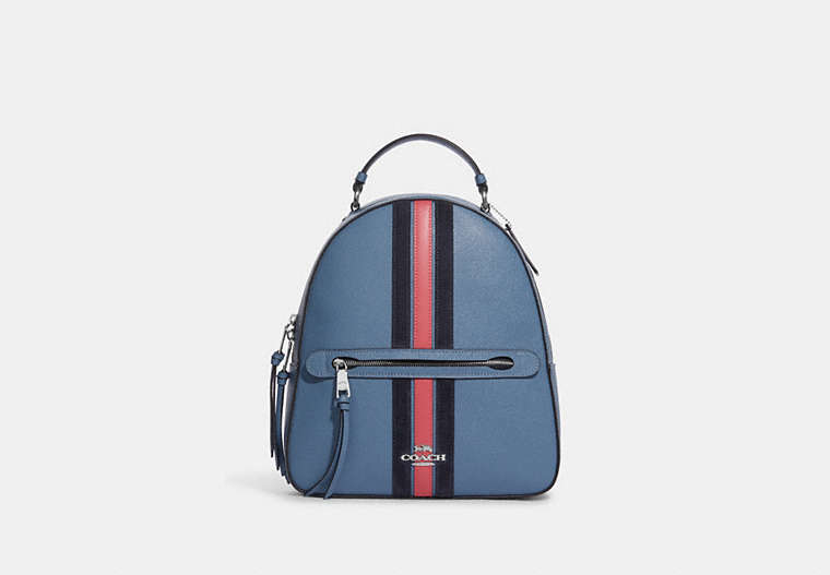 COACH®,JORDYN BACKPACK WITH VARSITY STRIPE,Crossgrain Leather,Large,Silver/Indigo Multi,Front View