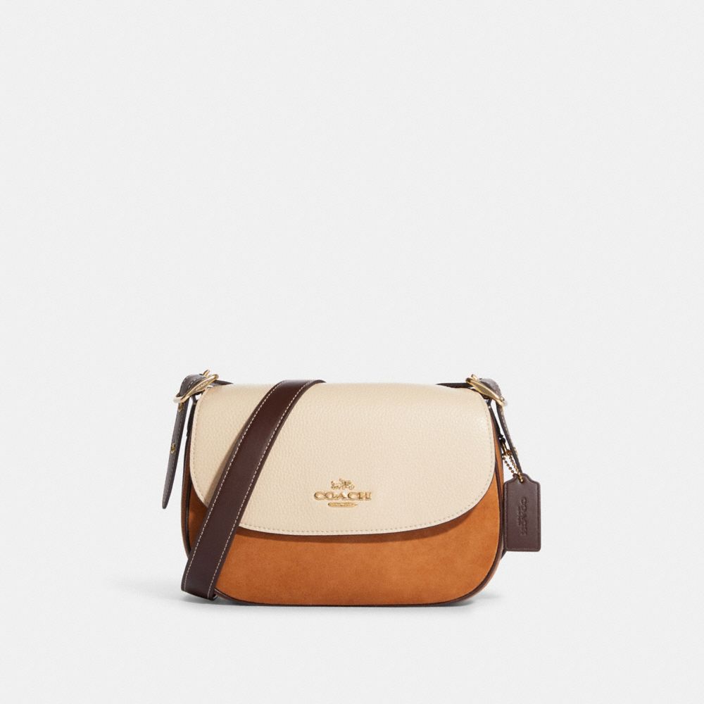 COACH®,MACIE SADDLE BAG IN COLORBLOCK,Refined Pebble Leather,Large,Im/Ivory/Light Saddle Multi,Front View