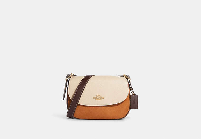 COACH®,MACIE SADDLE BAG IN COLORBLOCK,Refined Pebble Leather,Large,Im/Ivory/Light Saddle Multi,Front View