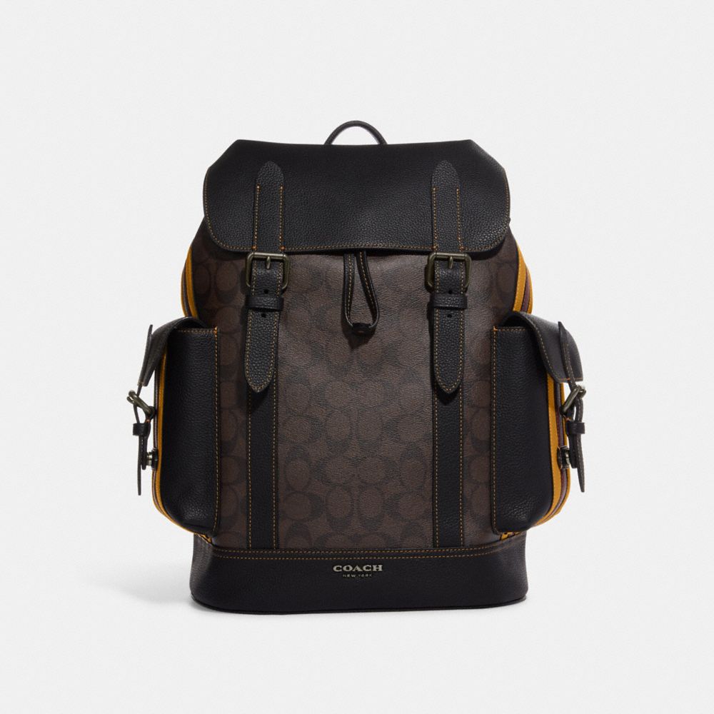 COACH®,HUDSON BACKPACK IN SIGNATURE CANVAS WITH VARSITY STRIPE,Large,Black Antique Nickel/Mahogany/Buttercup Multi,Front View