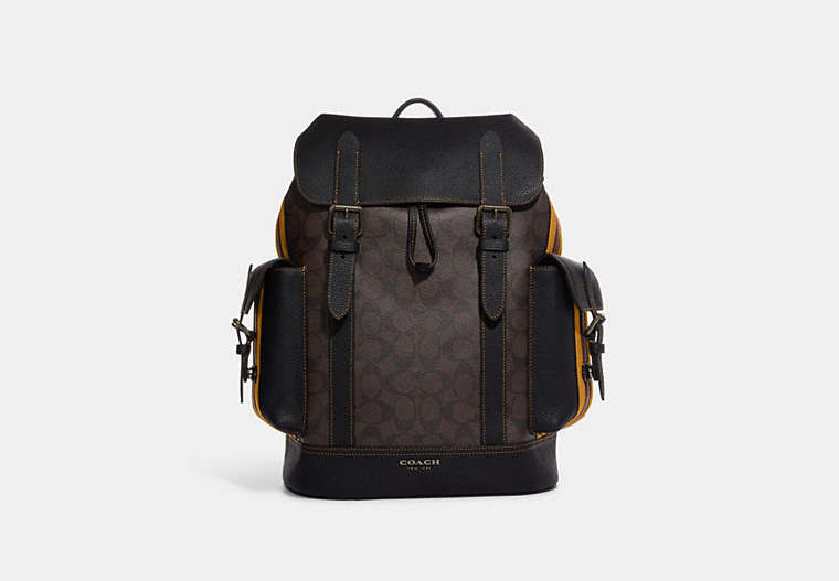 COACH®,HUDSON BACKPACK IN SIGNATURE CANVAS WITH VARSITY STRIPE,Signature Coated Canvas,Large,Black Antique Nickel/Mahogany/Buttercup Multi,Front View