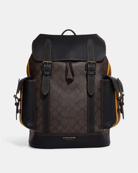 COACH®,HUDSON BACKPACK IN SIGNATURE CANVAS WITH VARSITY STRIPE,Large,Black Antique Nickel/Mahogany/Buttercup Multi,Front View