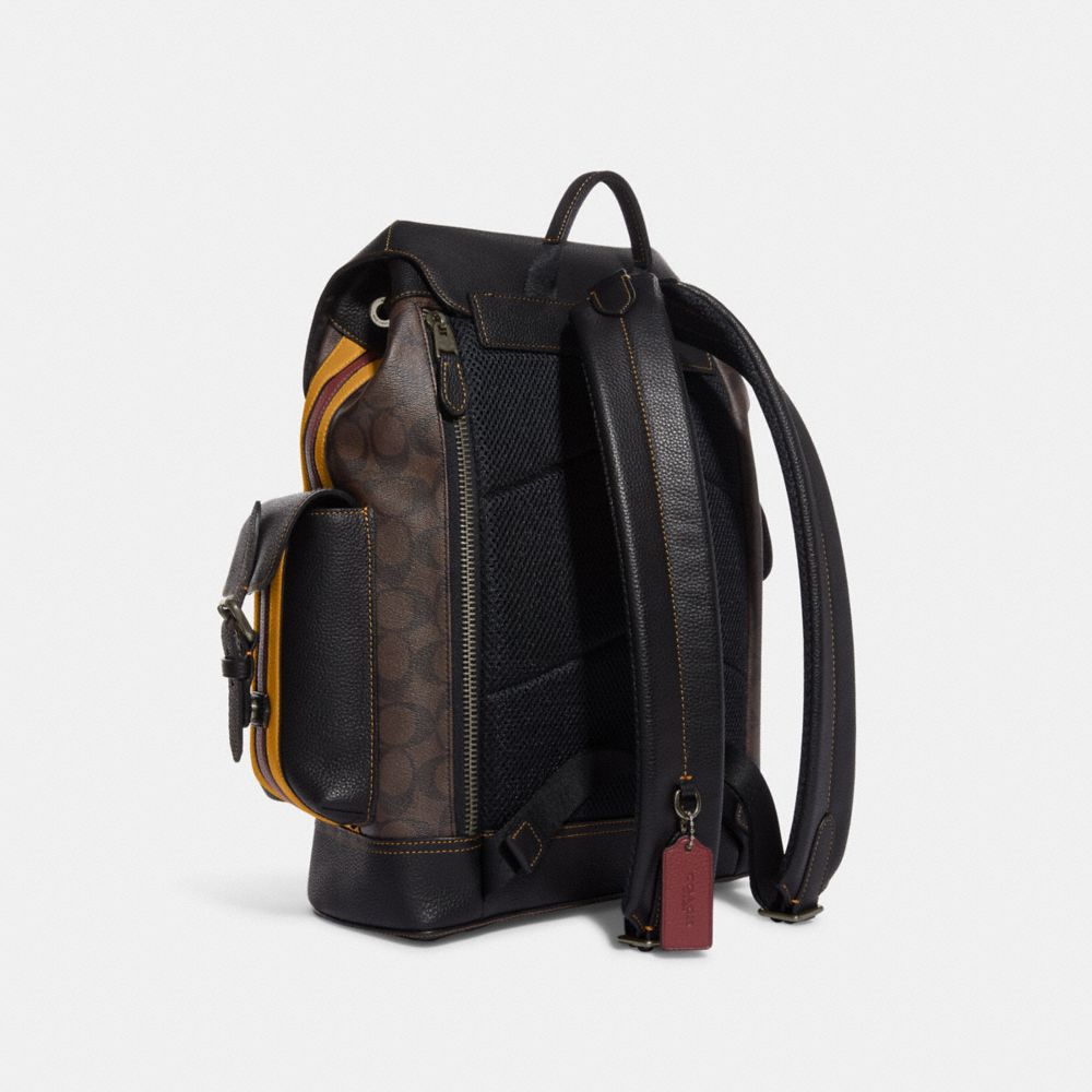 COACH®,HUDSON BACKPACK IN SIGNATURE CANVAS WITH VARSITY STRIPE,Large,Black Antique Nickel/Mahogany/Buttercup Multi,Angle View