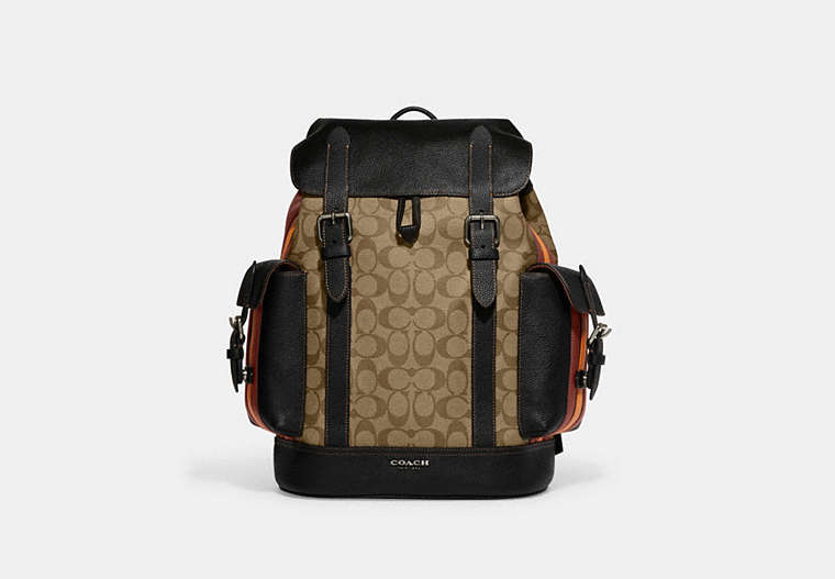 COACH®,HUDSON BACKPACK IN SIGNATURE CANVAS WITH VARSITY STRIPE,Signature Coated Canvas,Large,Black Antique Nickel/Khaki/Terracotta Multi,Front View