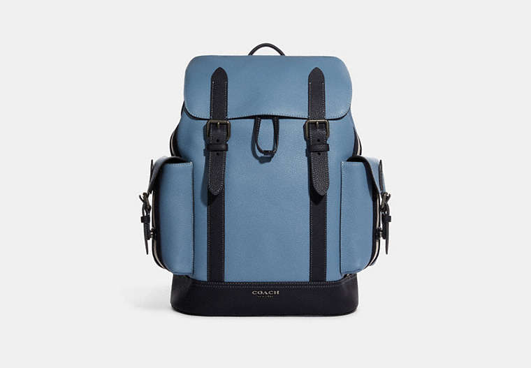 COACH®,HUDSON BACKPACK WITH VARSITY STRIPE,Natural Pebble Leather,Large,Black Antique Nickel/Indigo/Midnight Multi,Front View