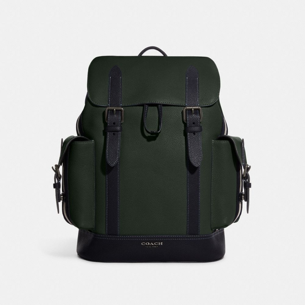 COACH®,HUDSON BACKPACK WITH VARSITY STRIPE,Large,Black Antique Nickel/Amazon Green/Denim Multi,Front View