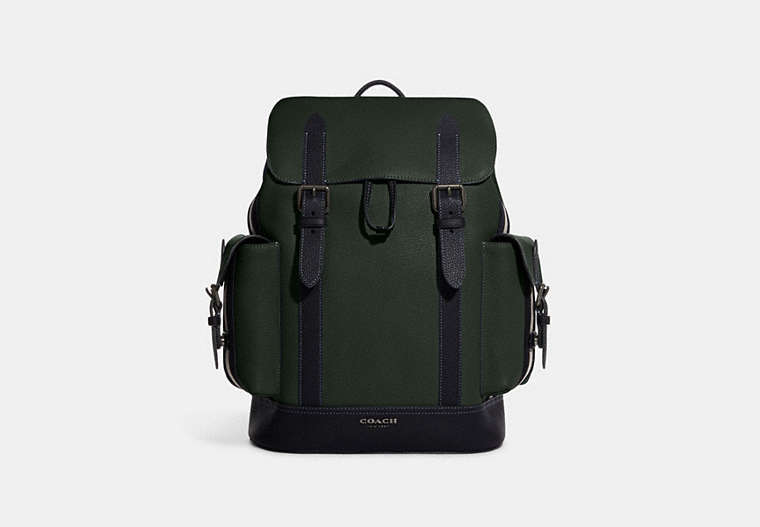 COACH®,HUDSON BACKPACK WITH VARSITY STRIPE,Natural Pebble Leather,Large,Black Antique Nickel/Amazon Green/Denim Multi,Front View