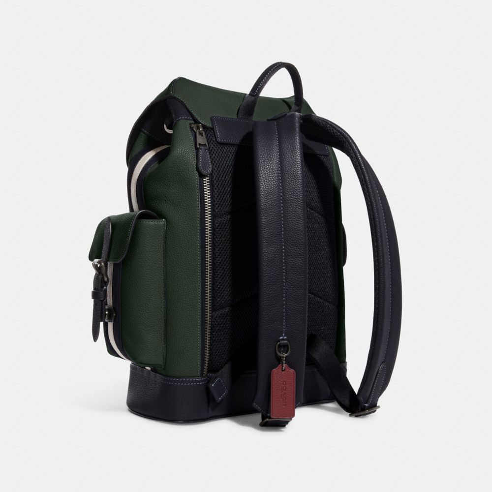 COACH®,HUDSON BACKPACK WITH VARSITY STRIPE,Large,Black Antique Nickel/Amazon Green/Denim Multi,Angle View