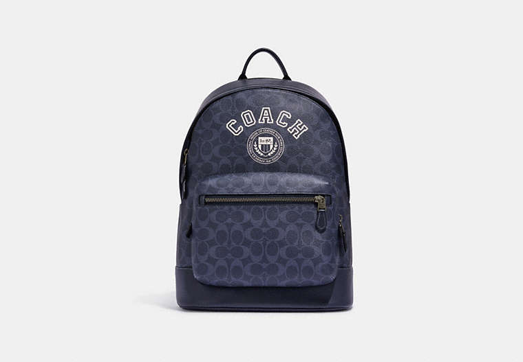 COACH®,WEST BACKPACK IN SIGNATURE CANVAS WITH VARSITY MOTIF,Large,Black Antique Nickel/Denim/Chalk,Front View