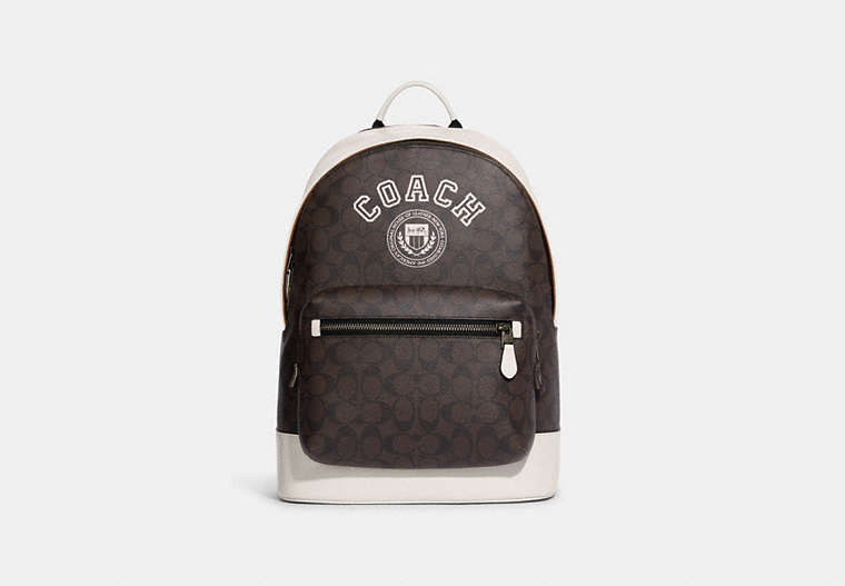 COACH®,WEST BACKPACK IN SIGNATURE CANVAS WITH VARSITY MOTIF,Large,Black Antique Nickel/Mahogany/Chalk,Front View