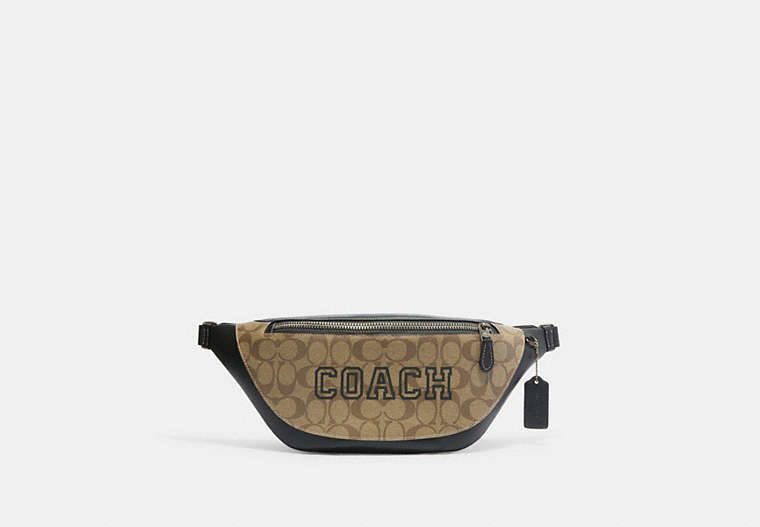 COACH®,WARREN BELT BAG IN SIGNATURE CANVAS WITH VARSITY MOTIF,Large,Black Antique Nickel/Khaki/Amazon Green,Front View