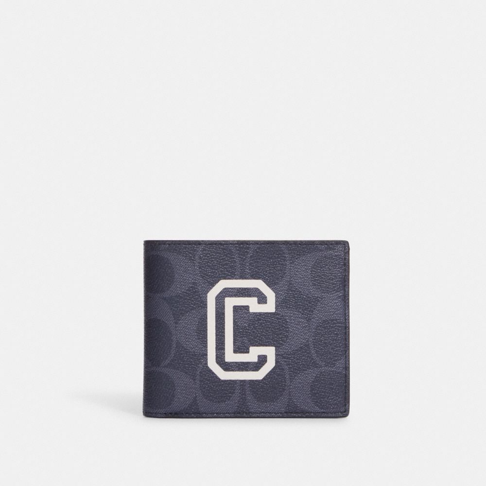 COACH®,Id Billfold Wallet In Signature Canvas With Varsity Motif,,Front View