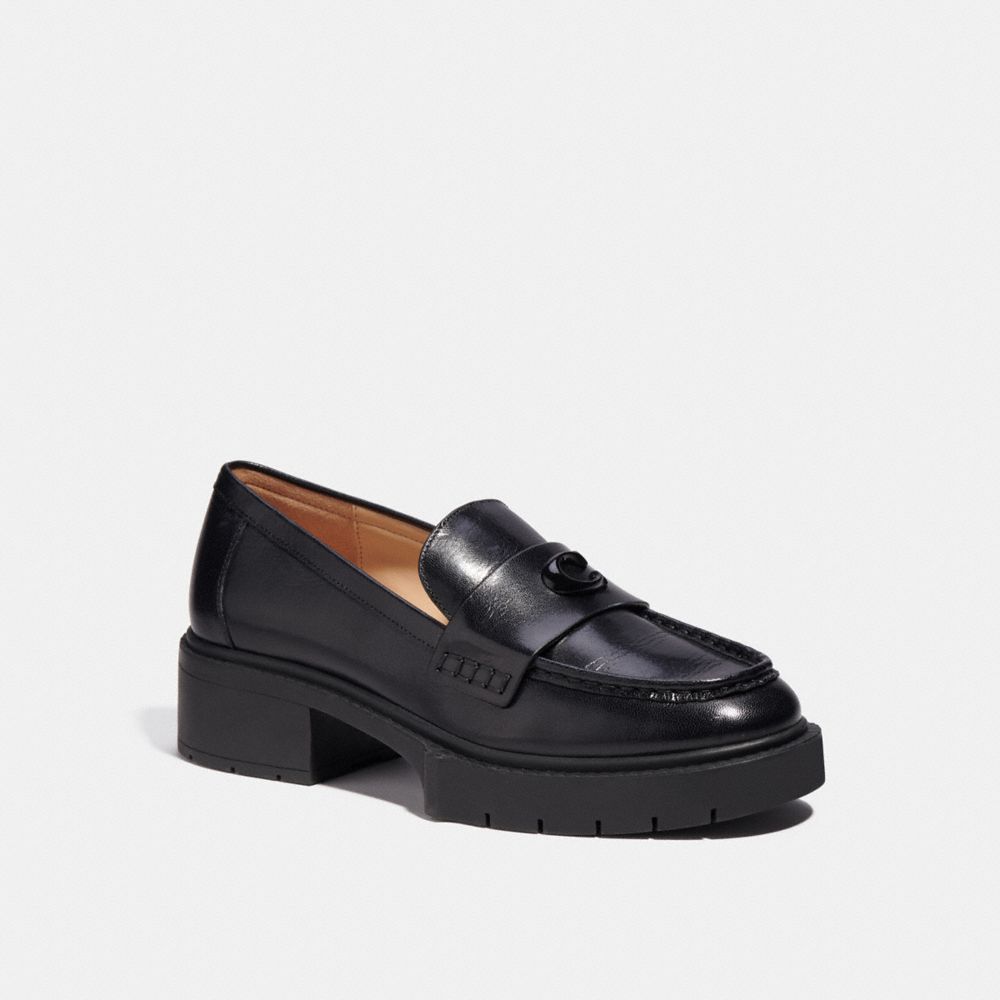 COACH®,Leah Loafer,Leather,Rubber,Loafer,Pumps,Penny Loafer,Logo,Cushioned,Work,Black,Front View