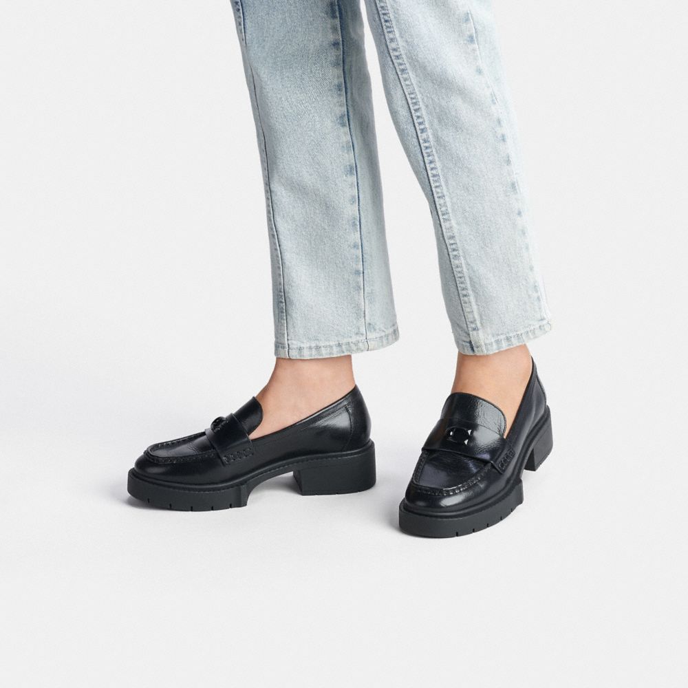 COACH®,Leah Loafer,Leather,Rubber,Loafer,Pumps,Penny Loafer,Logo,Cushioned,Work,Black,Detail View