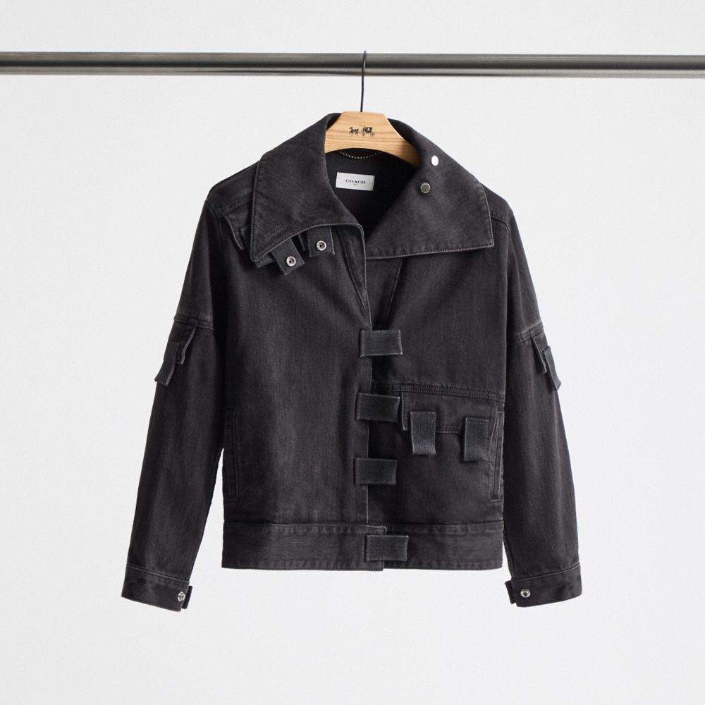 COACH®,Restored Multi Tab Denim Jacket,Cotton,Denim,Utility Jacket,Eco-Friendly,Casual,Black,Front View