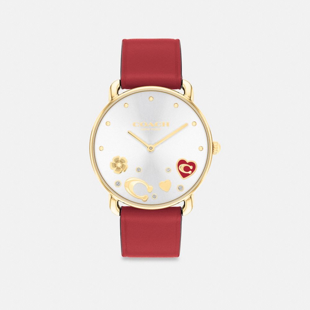 COACH®,Elliot Watch, 36 Mm,Faux Leather,Analog,Leather,Mineral,Crystal,Gem Embellishment,Logo,Word Embellishment,Water Res...,Maroon,Front View