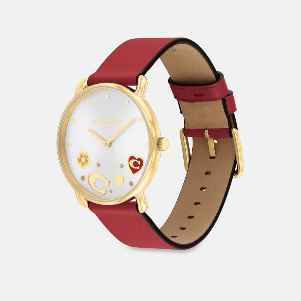 COACH®,Elliot Watch, 36 Mm,Faux Leather,Analog,Leather,Mineral,Crystal,Gem Embellishment,Logo,Word Embellishment,Water Res...,Maroon,Angle View