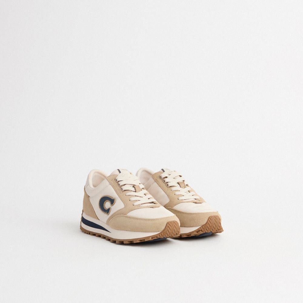 COACH®,Restored Runner Sneaker,Suede,Casual,Fabric,Mixed Media,Color Block,Logo,Pull Tab,Sustainable,Casual,Beige,Angle View
