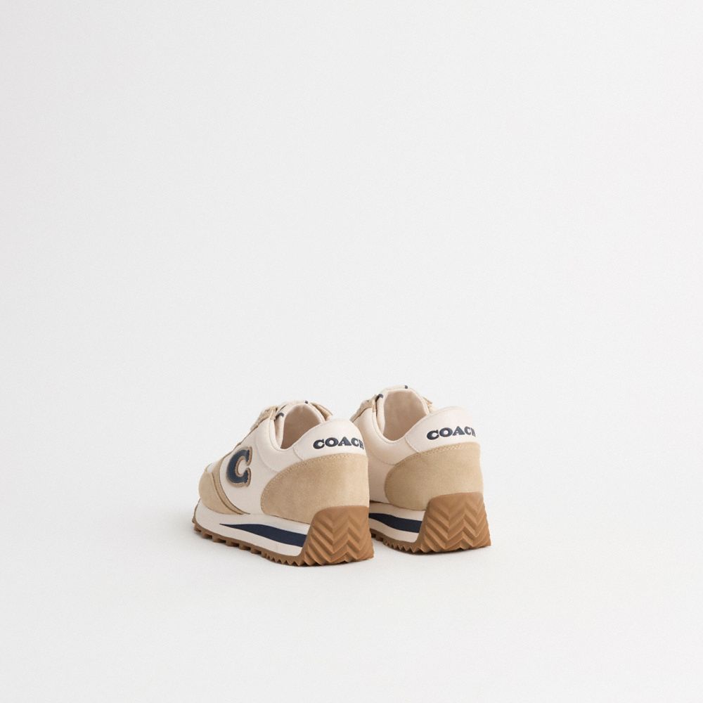 COACH®,Restored Runner Sneaker,Suede,Casual,Fabric,Mixed Media,Color Block,Logo,Pull Tab,Sustainable,Casual,Beige,Back View