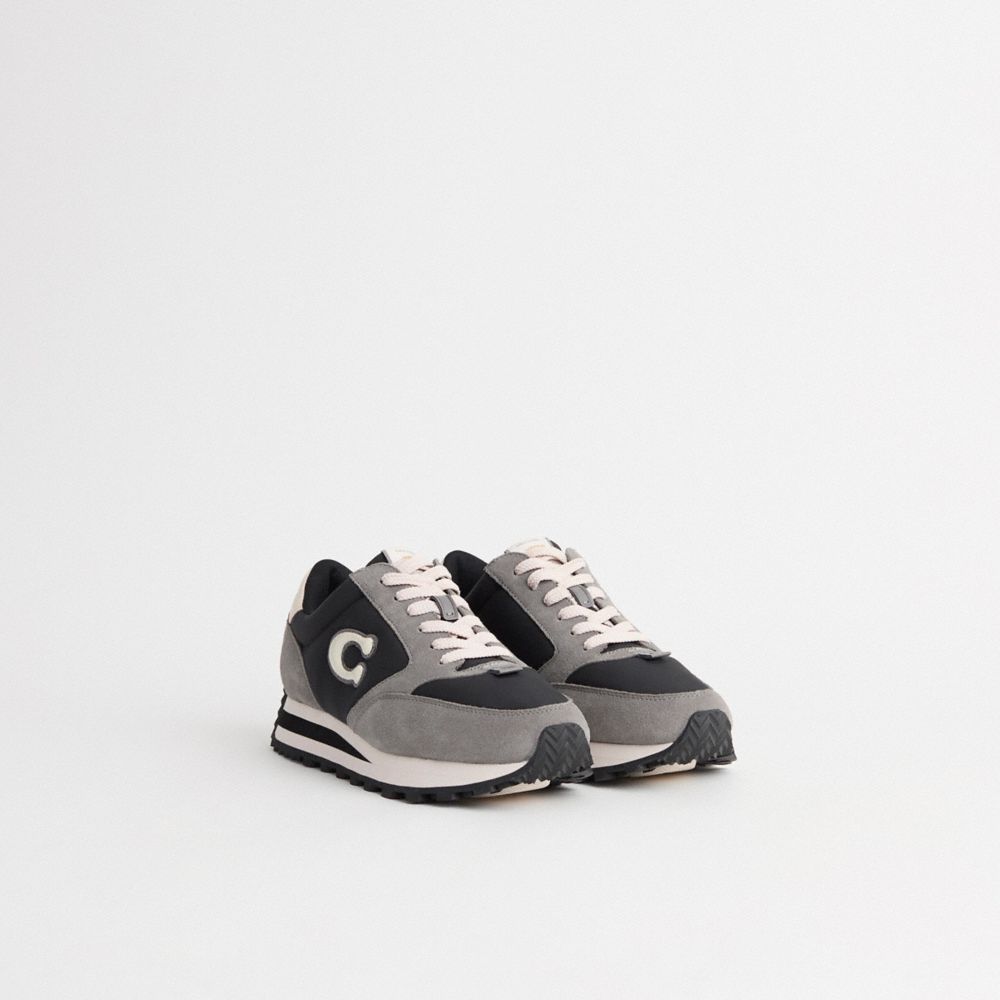 COACH®,Restored Runner Sneaker,Suede,Casual,Fabric,Mixed Media,Color Block,Logo,Pull Tab,Sustainable,Casual,Multi Color,Angle View