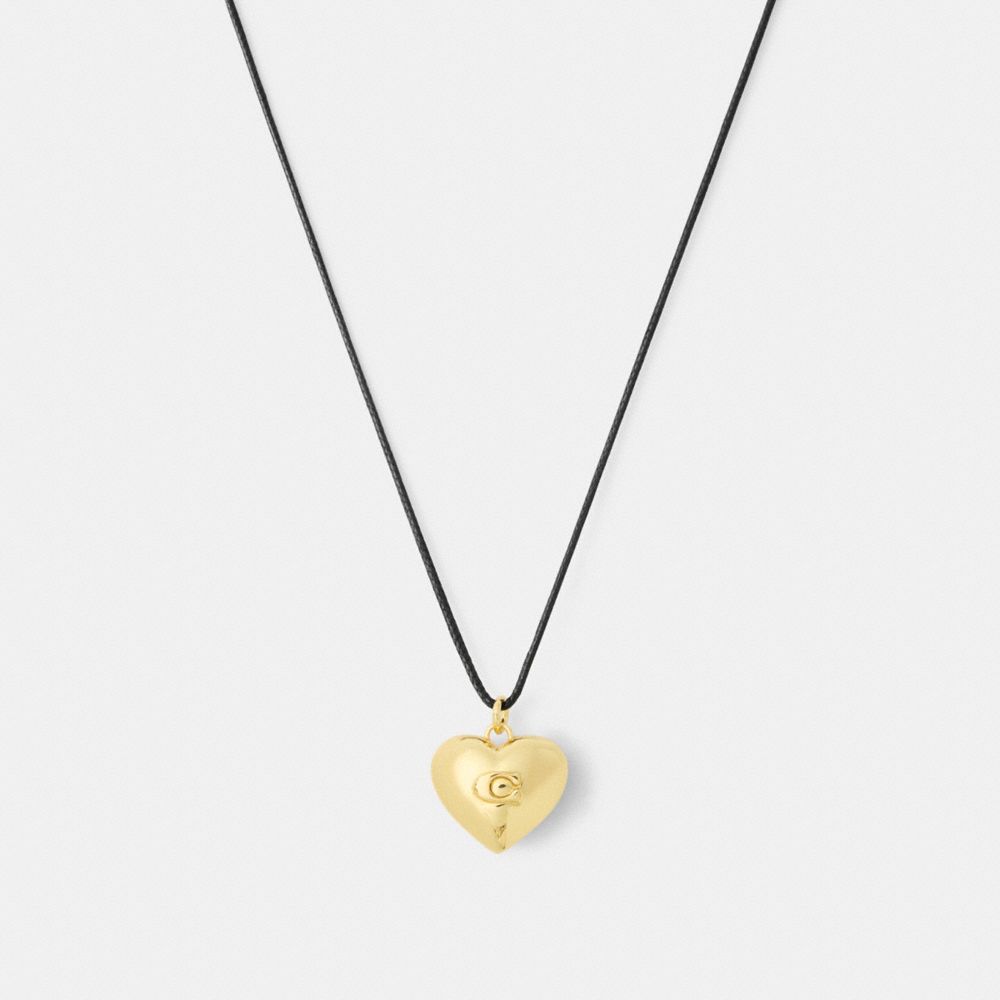 COACH®,Signature Heart Pendant Cord Necklace,Black,Front View