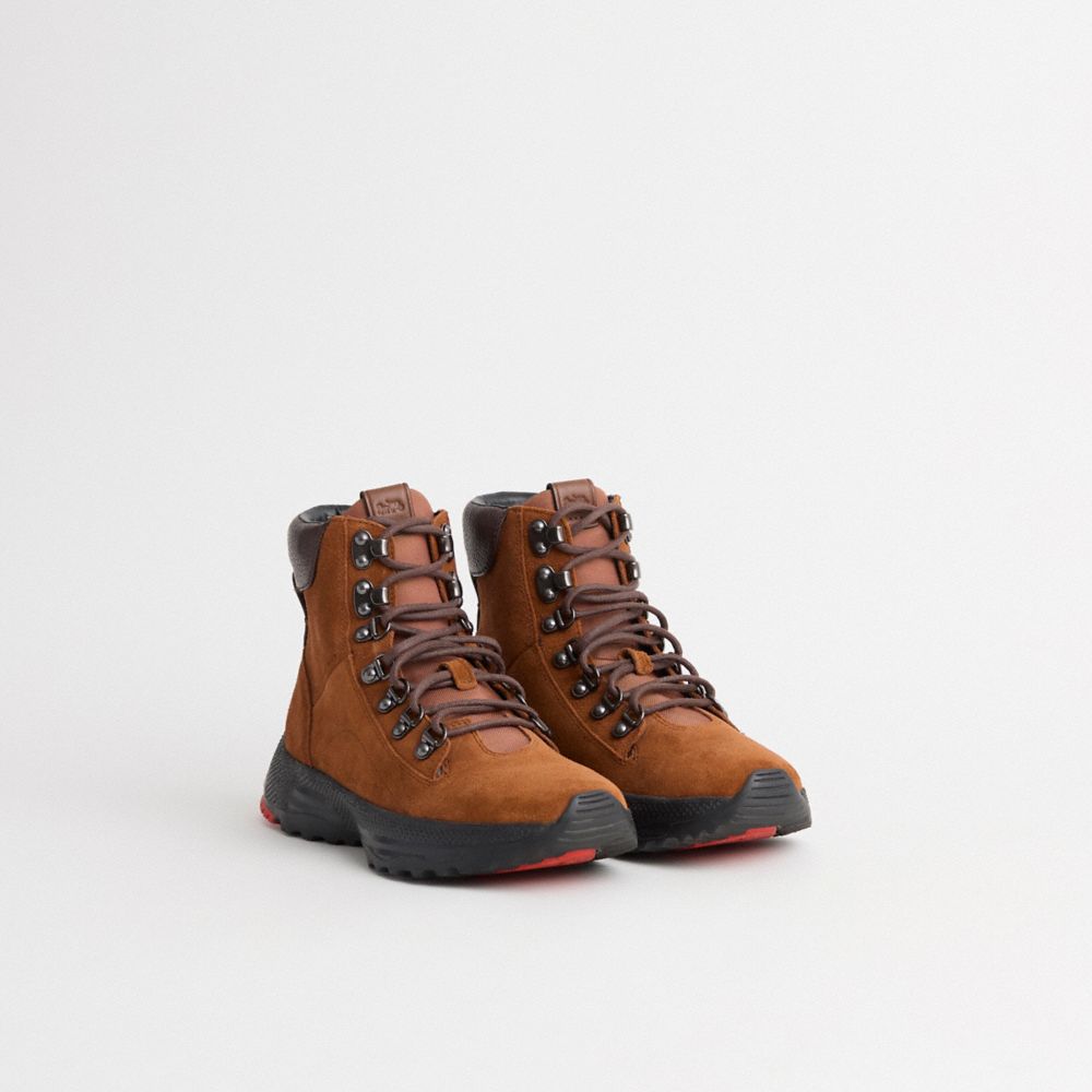 COACH®,Restored Coach City Hiker Boot,Rubber,Suede,Hiking,Color Block,Traction,Ripstop,Outdoor,Hiking,Brown,Angle View