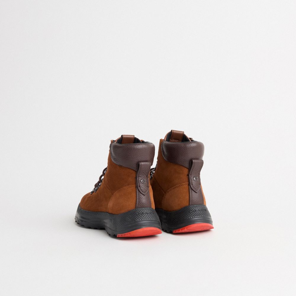 COACH®,Restored Coach City Hiker Boot,Rubber,Suede,Hiking,Color Block,Traction,Ripstop,Outdoor,Hiking,Brown,Back View