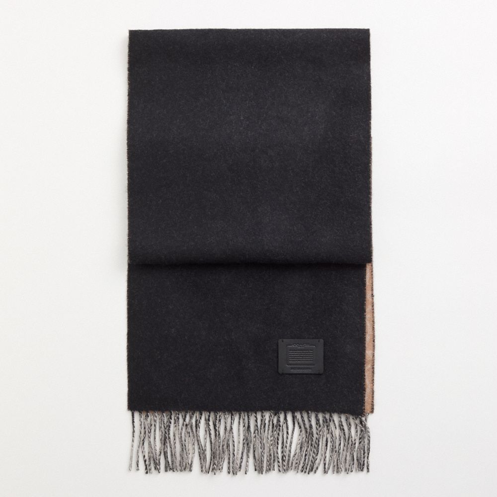 COACH®,Restored Signature Solid Cashmere Muffler,Cashmere,Rectangle,Logo,Fringe,Reversible,Casual,Black,Front View